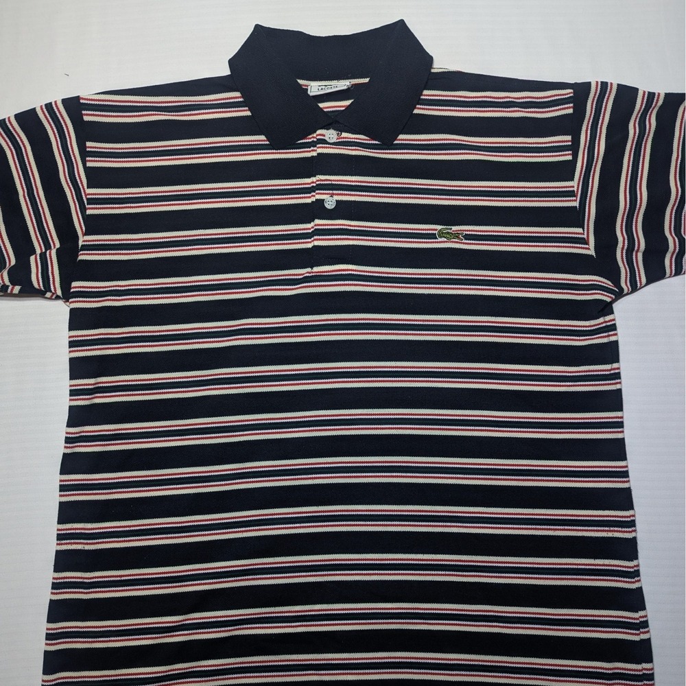 Lacoste Men Large Vintage Cotton Pique‎ Striped Polo Shirt Black Red Green